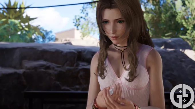 Image of Aerith holding the clear White Materia in Final Fantasy 7 Rebirth