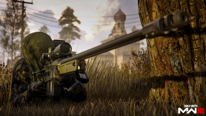 A sniper, wearing a ghillie suit, in Modern Warfare III.