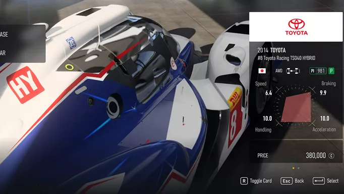 The Toyota Racing TS040 Hybrid, the fastest p-class car in Forza Motorsport