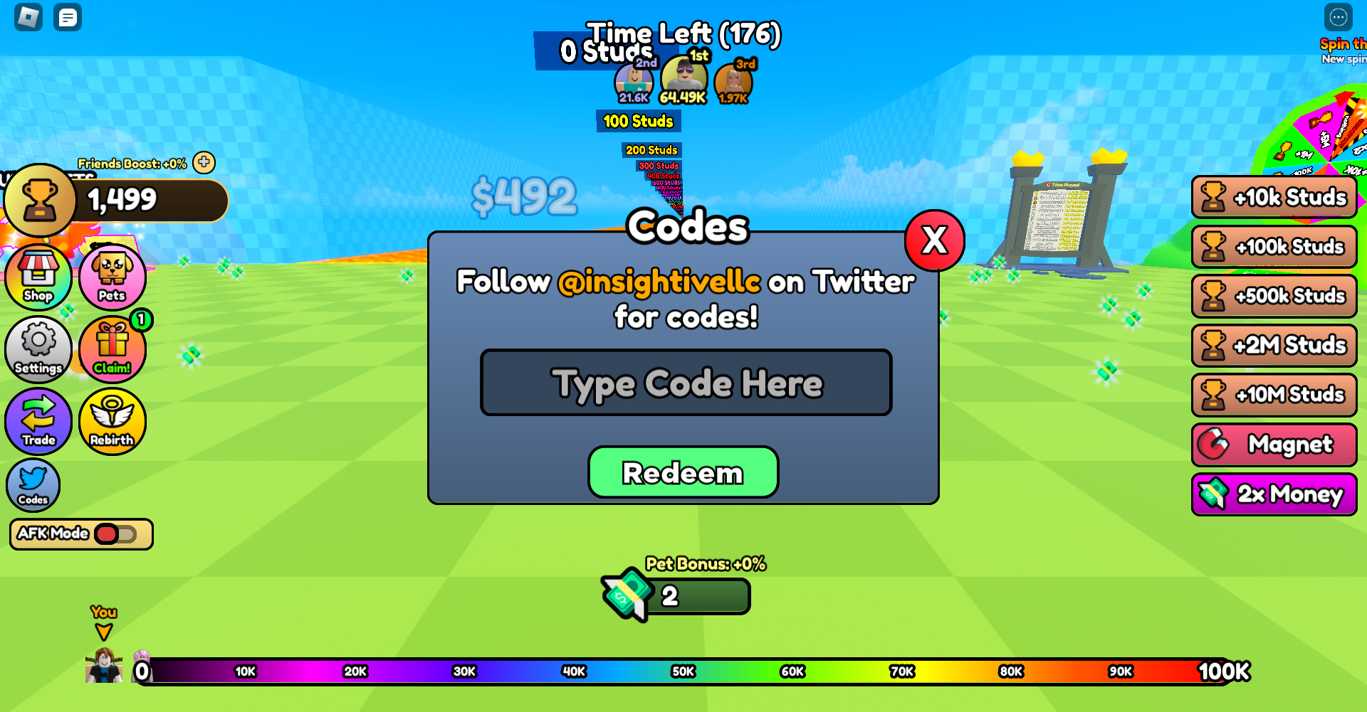 The codes redemption screen, where you can enter codes to claim free rewards in Money Race for Roblox