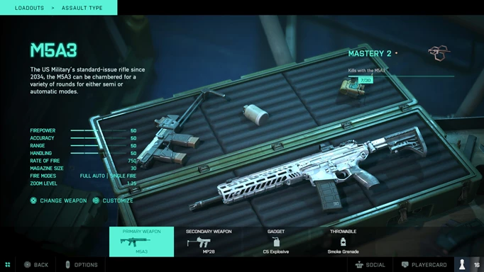 An M5A3 assault rifle is shown in a loadout menu.