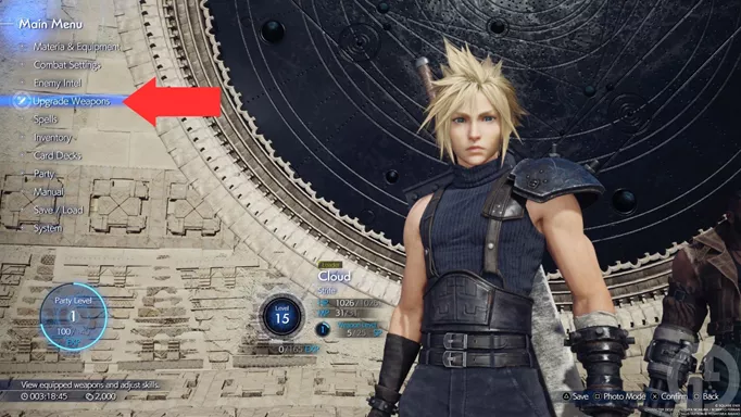 The Upgrade Weapon section in the Pause menu of Final Fantasy 7 Rebirth