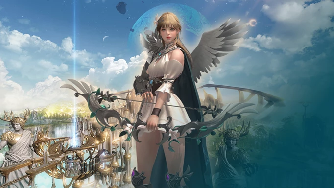 key art of the Lost Ark Elgacia continent, with a character holding a bow overlayed on the top