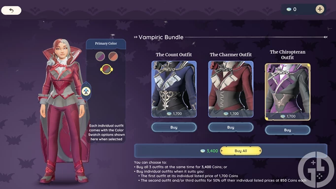 Screenshot of the Vampiric Bundle, a new Premium Shop outfit as per the Palia 0.170 patch