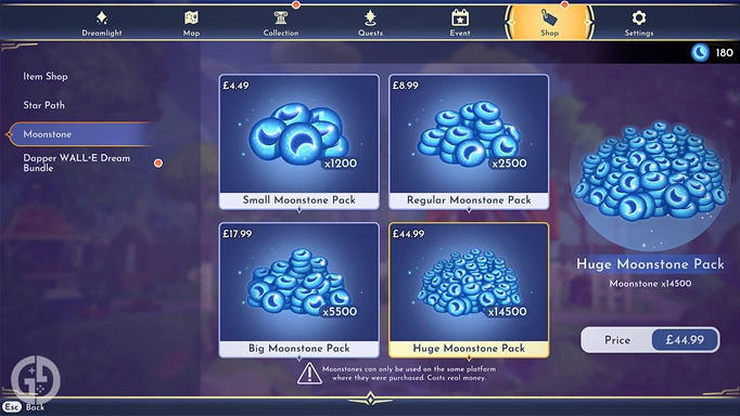Image of the Moonstones packages you can buy in-game in Disney Dreamlight Valley