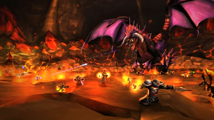 World of Warcraft Population Incompatible Error: a raid group fighting a dragon