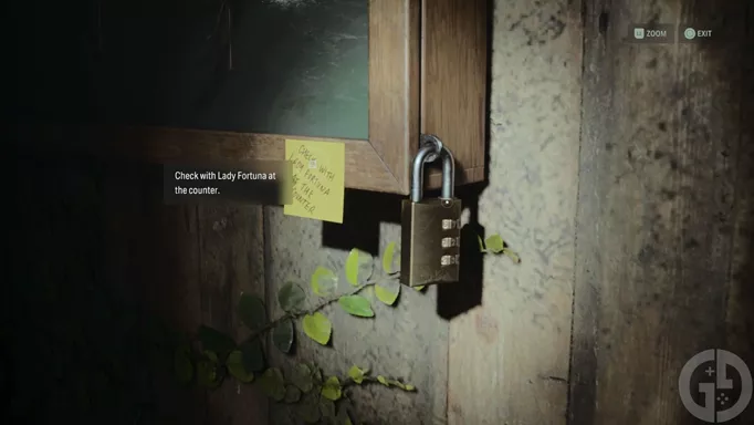 The padlock to the shotgun case in Alan Wake 2. There is a sticky note next to it that says "Check with Lady Fortuna at the counter".