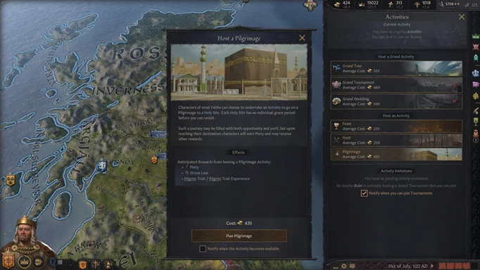 an image of the Activities menu in Crusader Kings 3 Tours and Tournaments