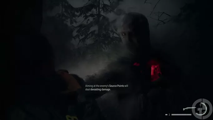 Nightingale's exposed Source Point in his chest glows red in Alan Wake 2