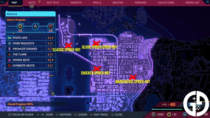 The Spider-Man 2 Spider-Bot locations map for Astoria