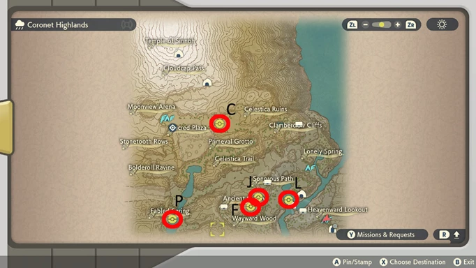 Pokemon Legends Arceus Unown Locations: Map of Coronet Highlands Unown locations