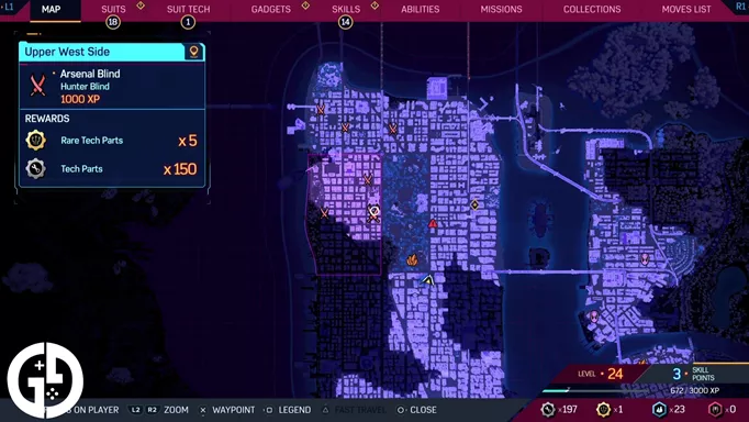 A Rare Tech Parts map location in Spider-Man 2 as a reward for a Hunter Blind