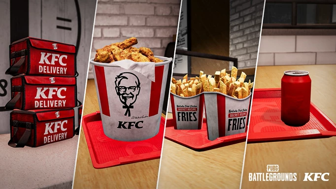 Delivery bags, chicken buckets, fries and drinks from PUBG's KFC collab.