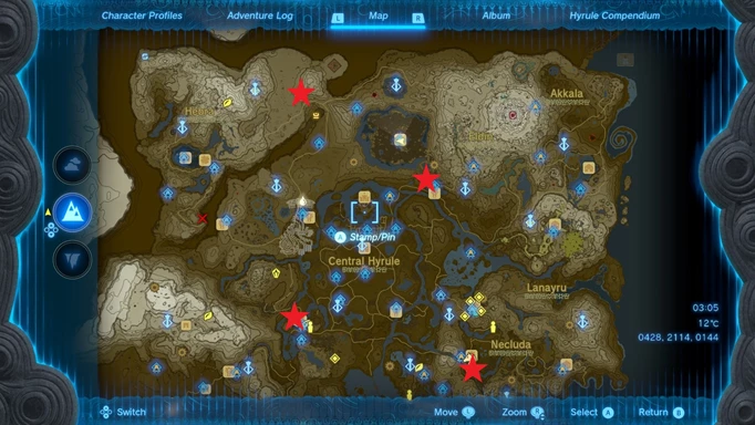 Screenshot of a map showing the Great Fairy Fountain map locations in Zelda: Tears of the Kingdom