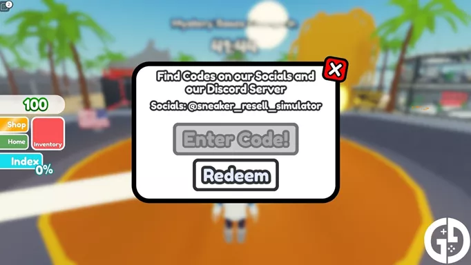 The code redemption screen in Roblox Sneaker Resell Simulator