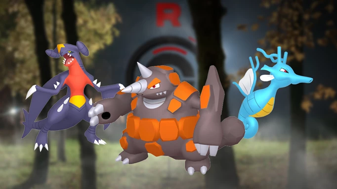 Garchomp, Rhyperio, and Kingdra in Giovanni's team