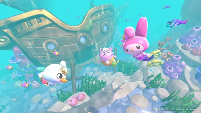 Sanrio characters swim underwater near a shipwreck in Hello Kitty Island Adventure