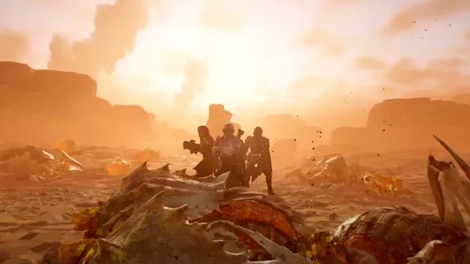 Players in a wasteland surrounded by dead enemies in Helldivers 2.