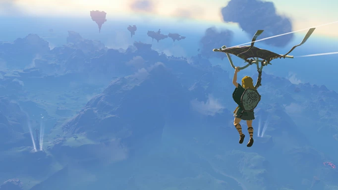 Link riding the paraglider in Zelda Tears of the Kingdom
