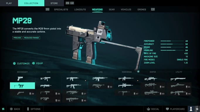 A sidearm is shown in a weapons menu.