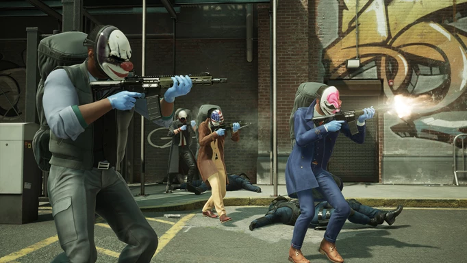 Gameplay shot from PAYDAY 3 of four heisters shooting