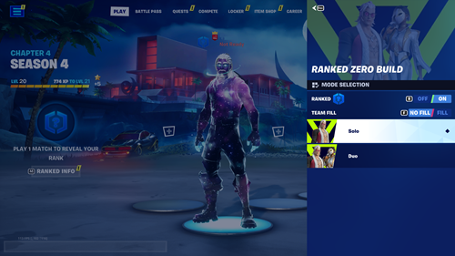 Selecting Ranked Solo Zero Build in Fortnite