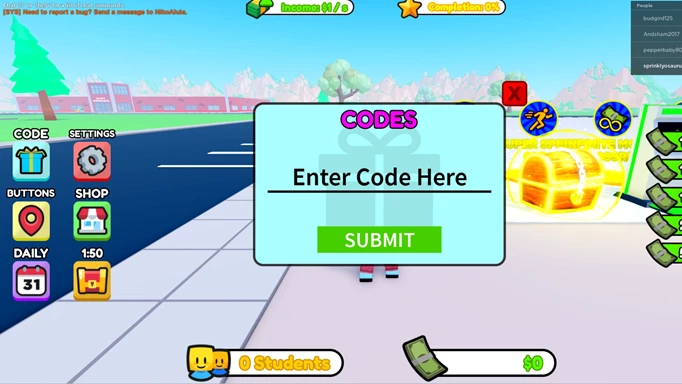 The interface for redeeming High School Tycoon codes
