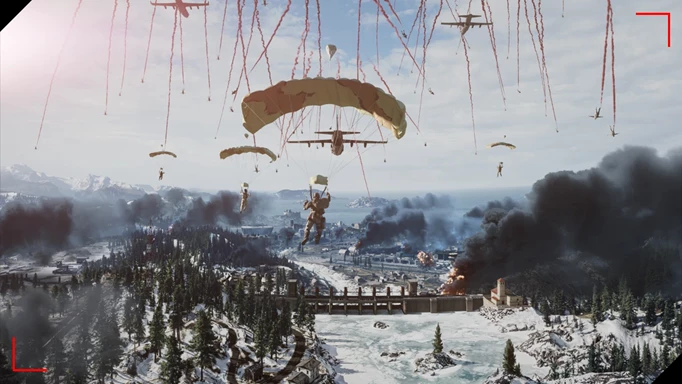 Key art for Warzone mobile that sees soldiers airdrop into Verdansk.