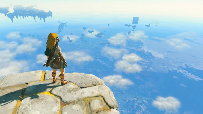 Zelda standing on a Sky Island looking over Hyrule