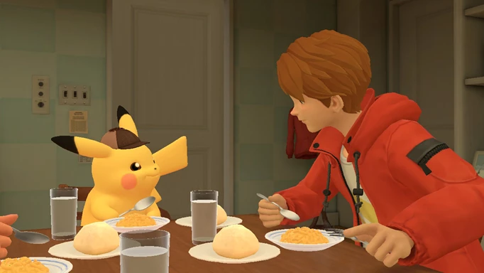 Tim and Pikachu eating dinner in Detective Pikachu Returns