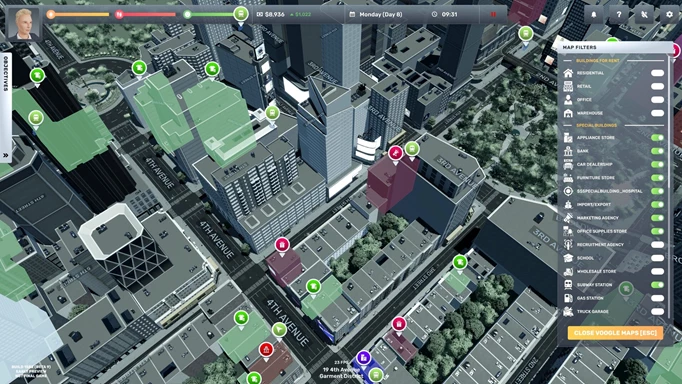 Big Ambitions screenshot showing a city's available properties