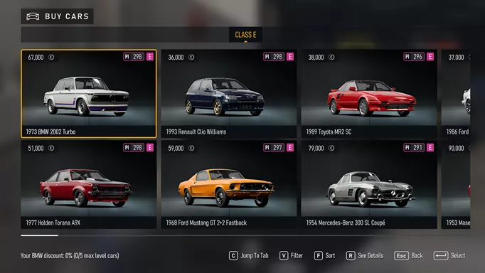 The top E class cars in Forza Motorsport