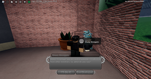 The player talks to Shady Shinigami in Peroxide