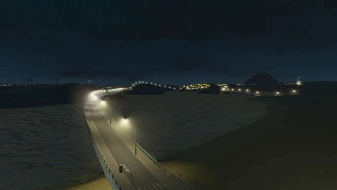 Cities Skylines First Person Mod shot of a bridge at night