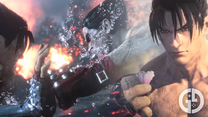 Jin fighting Kazuya, and Jin holding a flower in Tekken 8