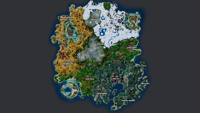A map of all the spawns for Heist Bags on the Fortnite Island in Chapter 4 Season 4