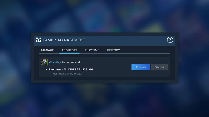 a purchase request on Steam Families