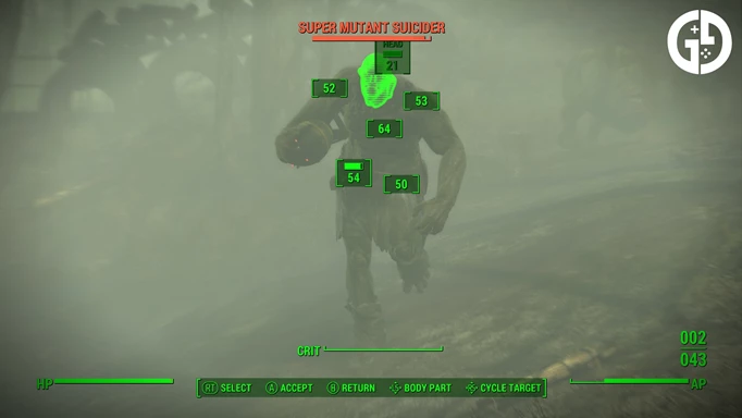 Using VATS on a super mutant in Fallout 4.