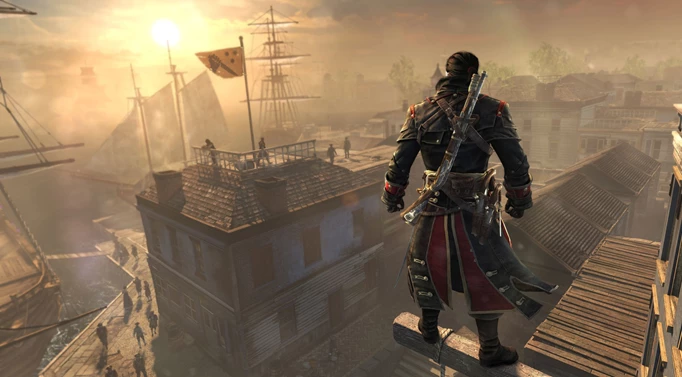 Shay standing at a leap of faith point in Assassin's Creed Rogue