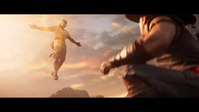 Liu Kang descends from the sky to meet Raiden and Kung Lao in Mortal Kombat 1