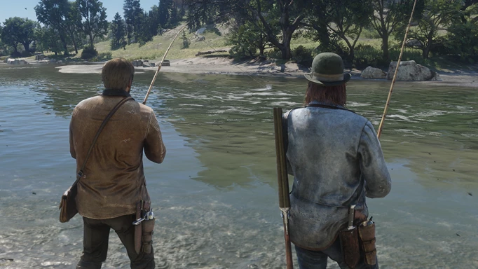 RDR 2's Arthur Morgan and a pal fishing in a lake.