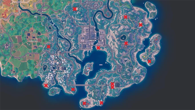 Screenshot of the Fortnite map with gong locations marked