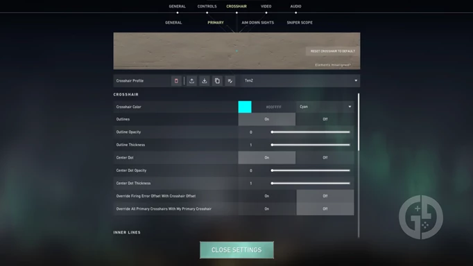Screenshot showing the crosshair menu in VALORANT