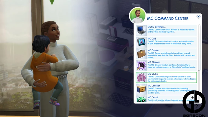 Screenshot showing the MC Command Center mod menu in The Sims 4
