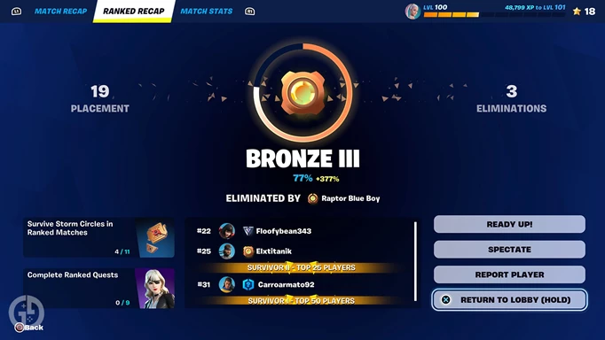 A Fortnite ranking screen after a match