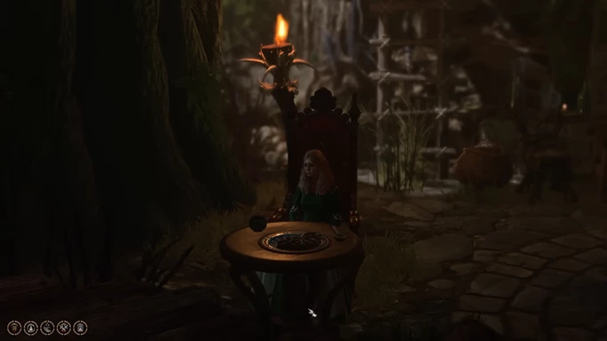 Mayrina sat at a table in Baldur's Gate 3