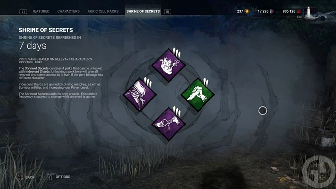 The Shrine of Secretes in DbD this week, with the Perks: Adrenaline, Decisive Strike, Hangman's Trick, Ultimate Weapon