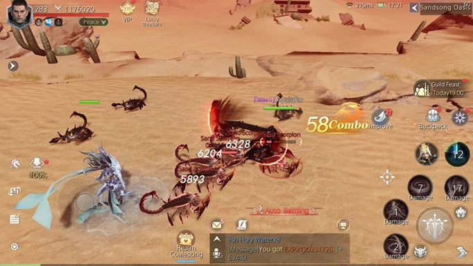 Gameplay of Last Ultima, an large battle taking place with players fighting several creatures in a desert