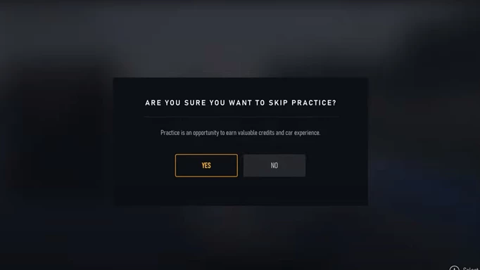 The confirmation screen for skipping practice in Forza Motorsport