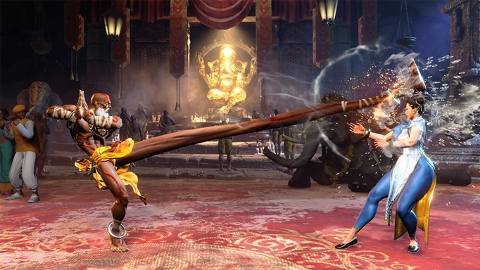 Image shows Dhalsim stretching to kick Chun-Li in Street Fighter 6